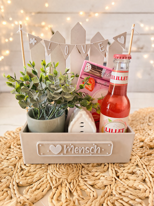 Garten mit Zaun – Geschenkbox mit personalisierbarem Schild