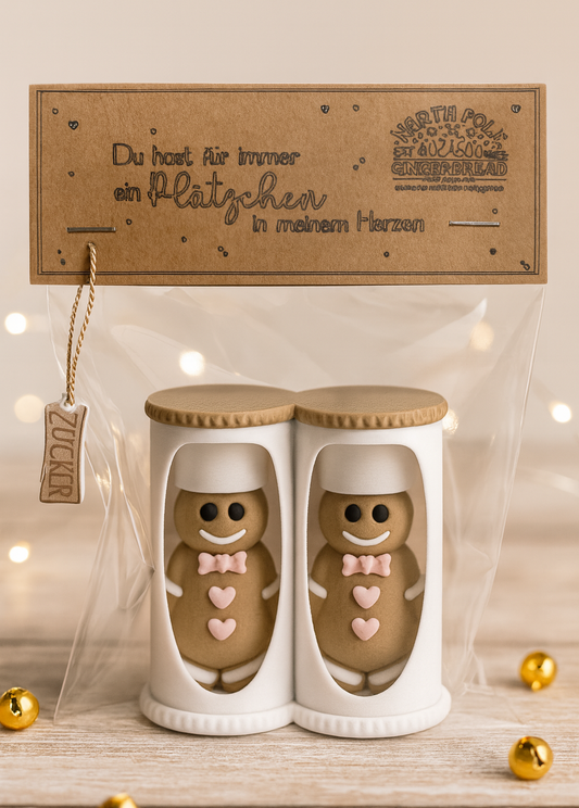 Lebkuchen Streuer-Set – Salz & Pfeffer, Zimt & Zucker | Weihnachten, Geschenkedeal, Mini Shaker mit Herz & Verpackung