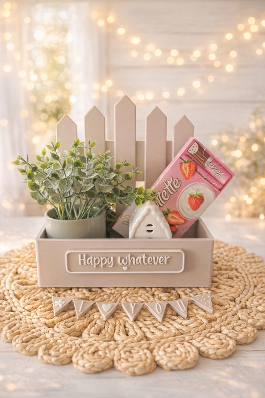 Garten mit Zaun – Geschenkbox mit personalisierbarem Schild